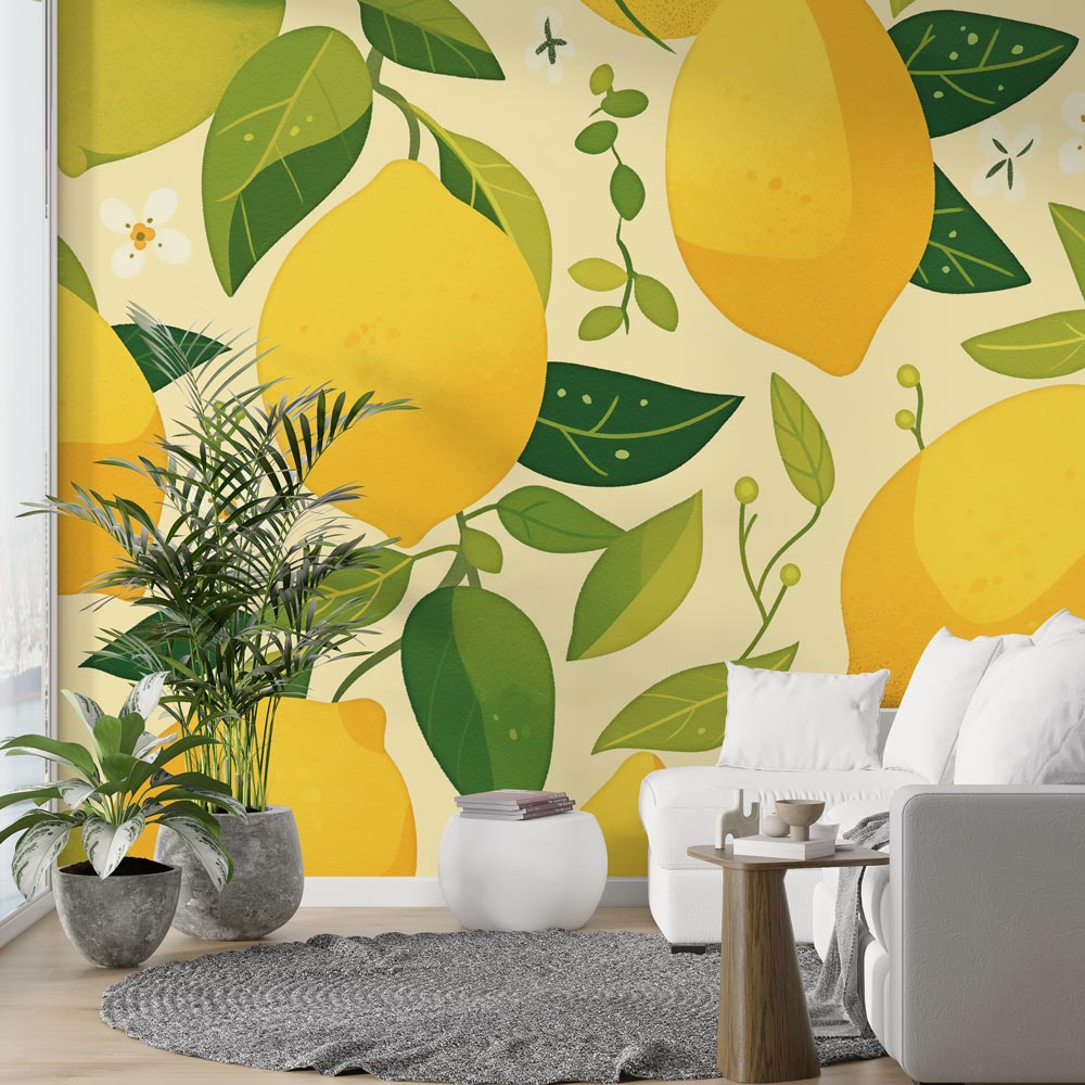 Bright lemon wallpaper mural creating a sunny atmosphere in a modern white kitchen with marble countertops
