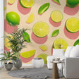 Modern kitchen with Citrus fruit wallpaper creating a bright and fresh atmosphere, lime pattern bringing natural energy