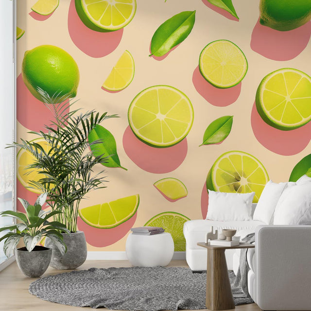 Modern kitchen with Citrus fruit wallpaper creating a bright and fresh atmosphere, lime pattern bringing natural energy
