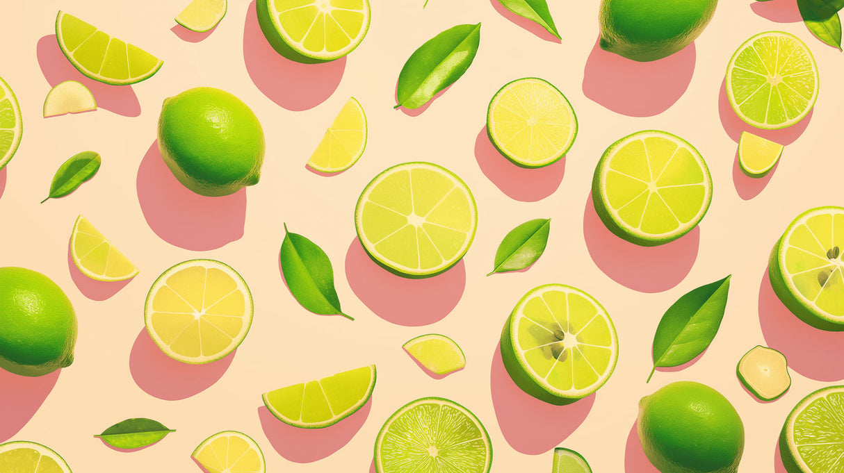 Fresh lime pattern wallpaper design file showing detailed citrus fruits with pink shadows on beige background