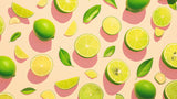 Fresh lime pattern wallpaper design file showing detailed citrus fruits with pink shadows on beige background