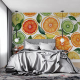 Citrus fruit wallpaper bringing fresh energy to a modern white kitchen with natural light