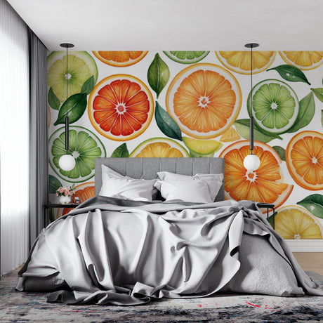 Citrus fruit wallpaper bringing fresh energy to a modern white kitchen with natural light