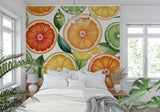 Orange and lime wallpaper creating a vibrant atmosphere in a dining room setting
