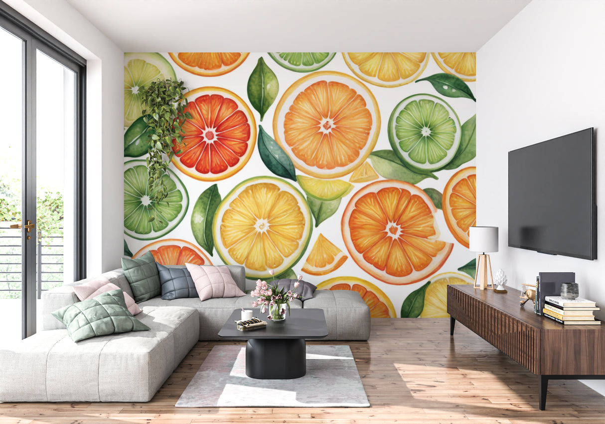 Fresh citrus wall mural brightening up a breakfast nook with morning light