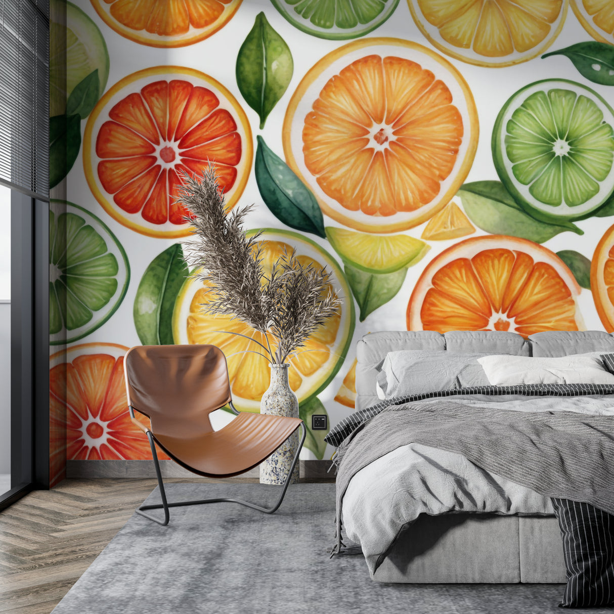 Citrus pattern wallpaper making a statement in a modern cafe interior