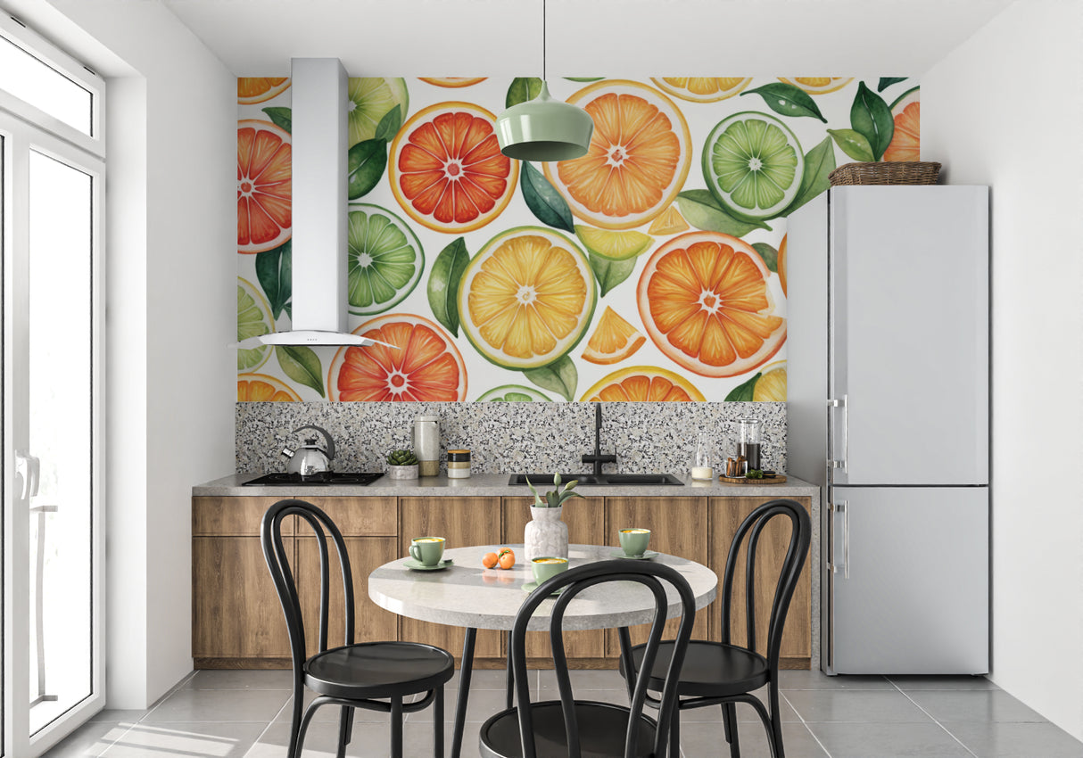 Kitchen wallpaper with orange and lime slices adding zest to a cooking space