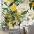 Mediterranean lemon wallpaper creating a bright, fresh atmosphere in a modern white kitchen with natural light