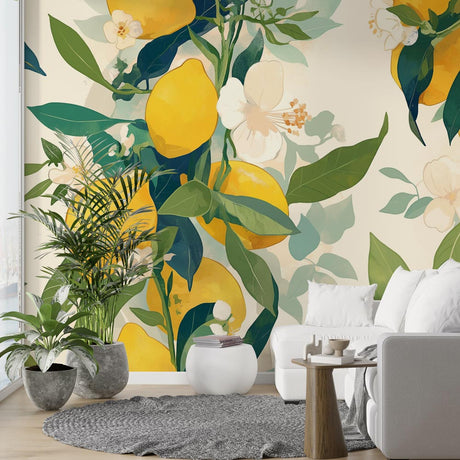 Mediterranean lemon wallpaper creating a bright, fresh atmosphere in a modern white kitchen with natural light
