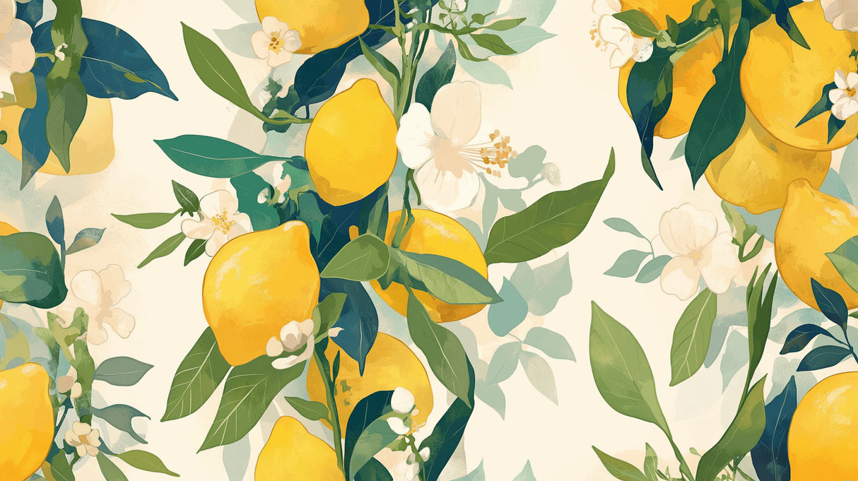 Mediterranean citrus wallpaper design file showing detailed lemon and blossom pattern