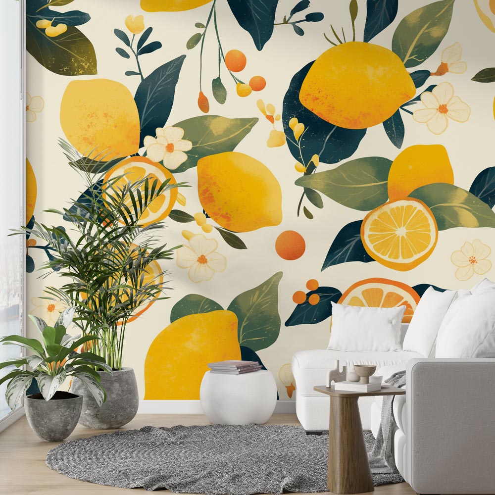 Mediterranean lemon wallpaper bringing fresh citrus charm to a sunny modern kitchen with white cabinets