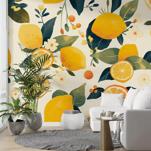 Mediterranean lemon wallpaper bringing fresh citrus charm to a sunny modern kitchen with white cabinets