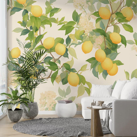 Mediterranean lemon tree wallpaper in bright modern kitchen, showing vibrant yellow fruits against cream background