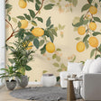 Mediterranean lemon wallpaper styled in bright modern kitchen, showing vibrant yellow fruits and green leaves against cream walls