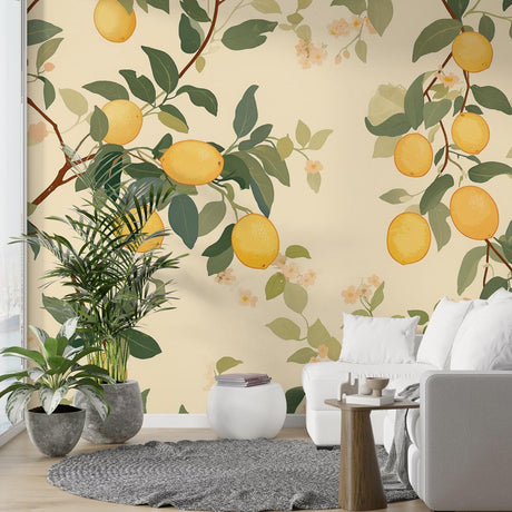Mediterranean lemon wallpaper styled in bright modern kitchen, showing vibrant yellow fruits and green leaves against cream walls