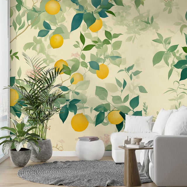 Mediterranean lemon tree wallpaper creating a bright, welcoming atmosphere in a modern white kitchen with marble countertops