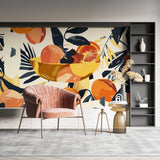 Modern citrus wallpaper bringing fresh color to a bright dining room with contemporary furniture