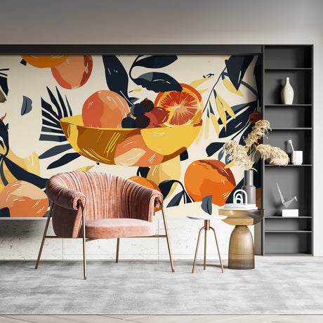 Modern citrus wallpaper bringing fresh color to a bright dining room with contemporary furniture