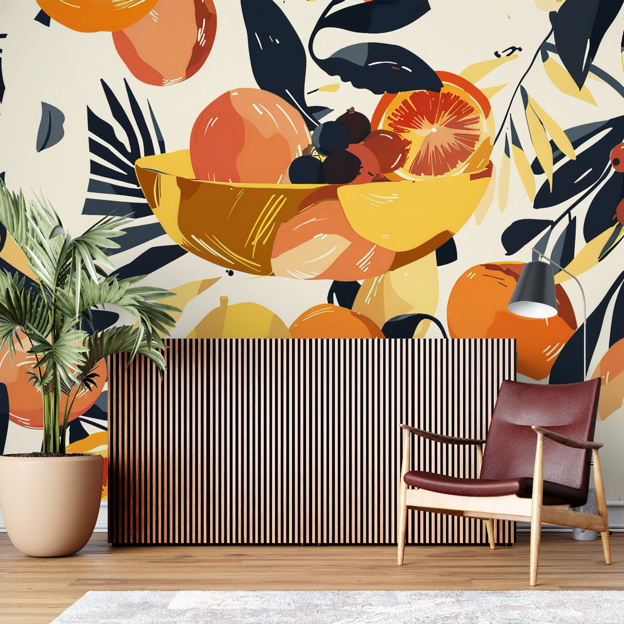 Orange and navy fruit wall mural creating a striking backdrop in a modern kitchen space