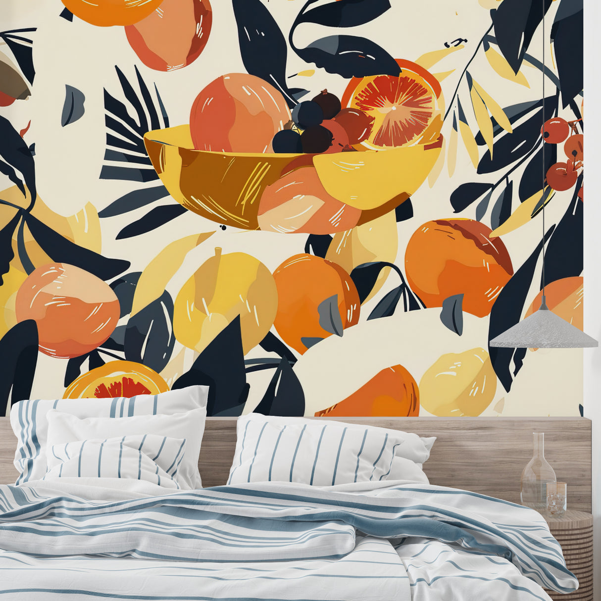 Contemporary citrus wall design adding energy to a minimalist living room setting