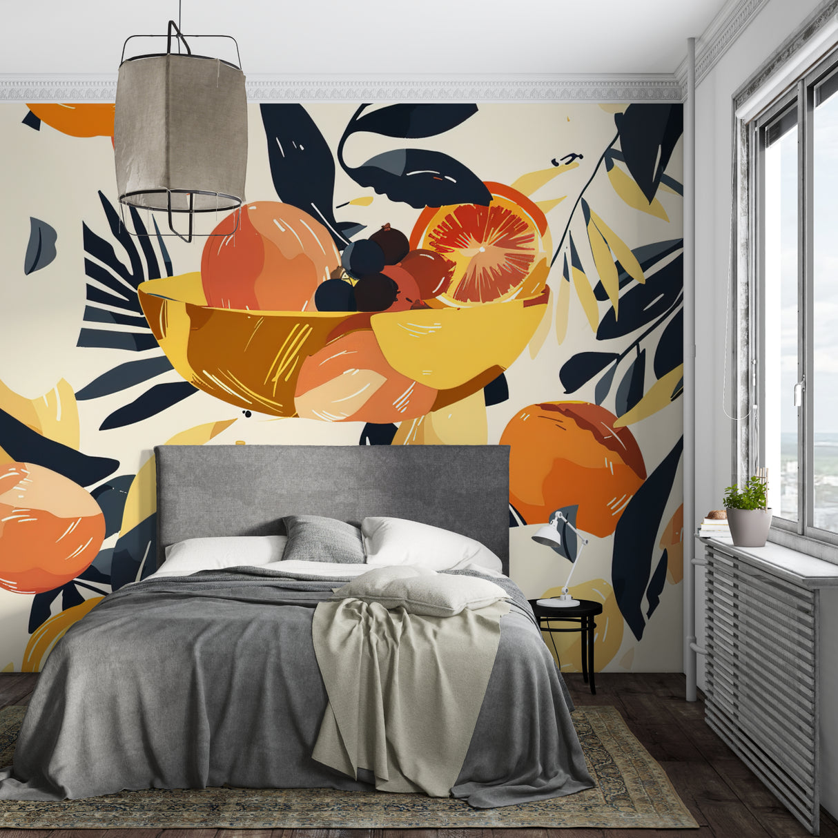 Citrus art mural bringing warmth to a contemporary breakfast nook