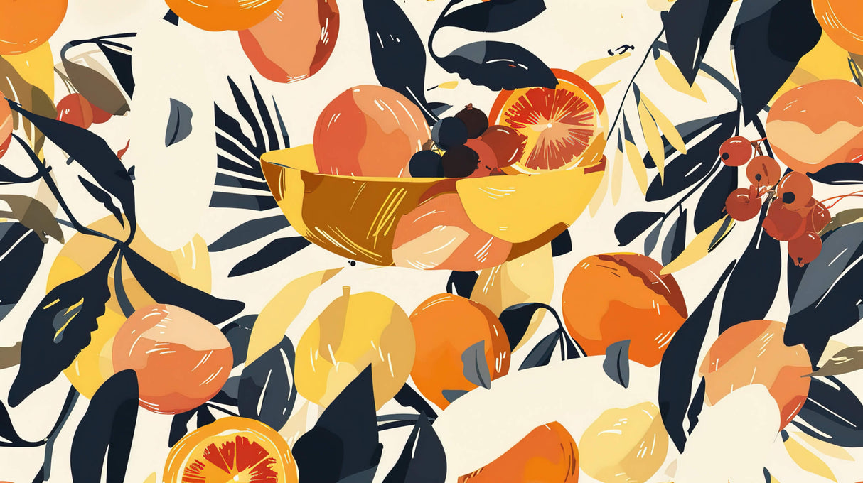 Design file showing detailed orange and navy citrus pattern with rich color depth