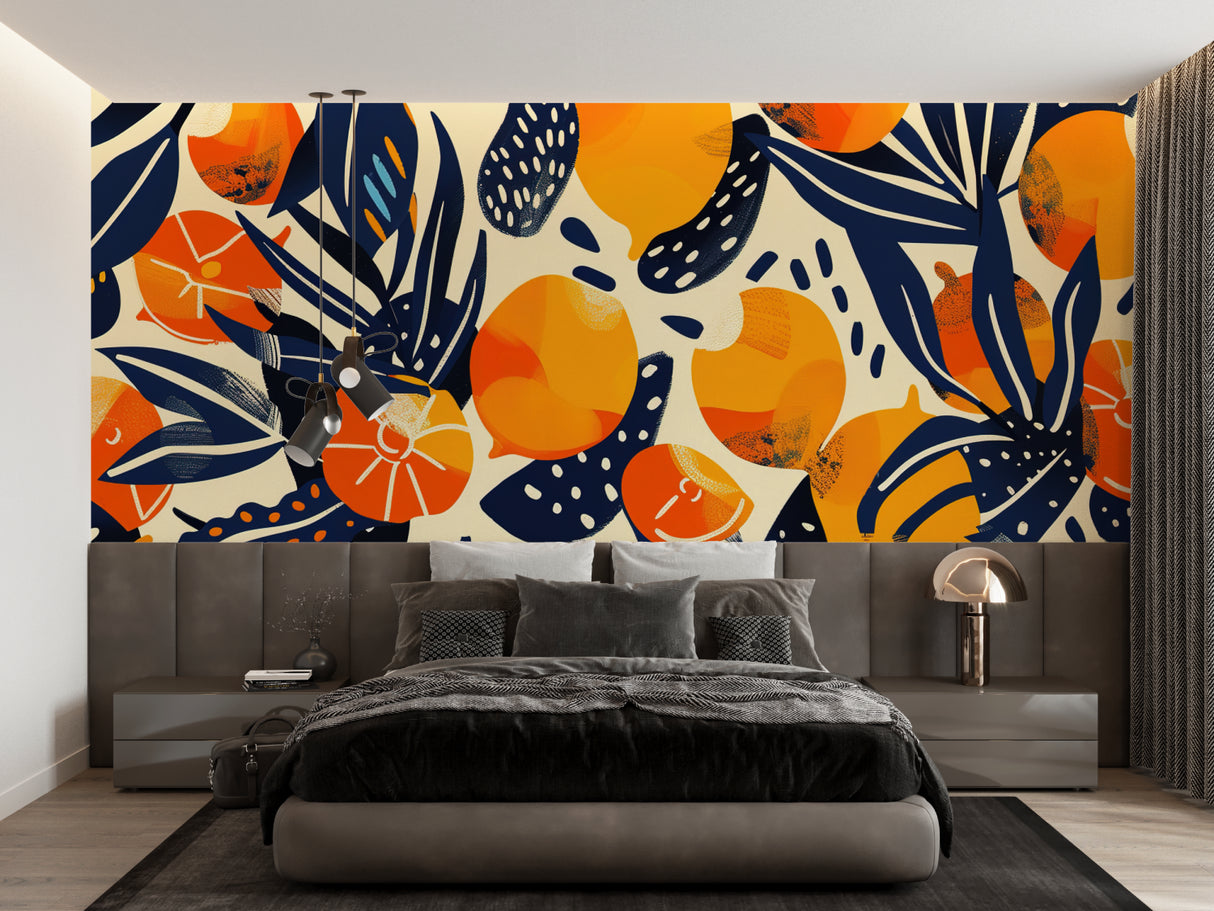 Orange and navy fruit wall mural creating a bold statement in contemporary dining room