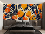 Orange and navy fruit wall mural creating a bold statement in contemporary dining room