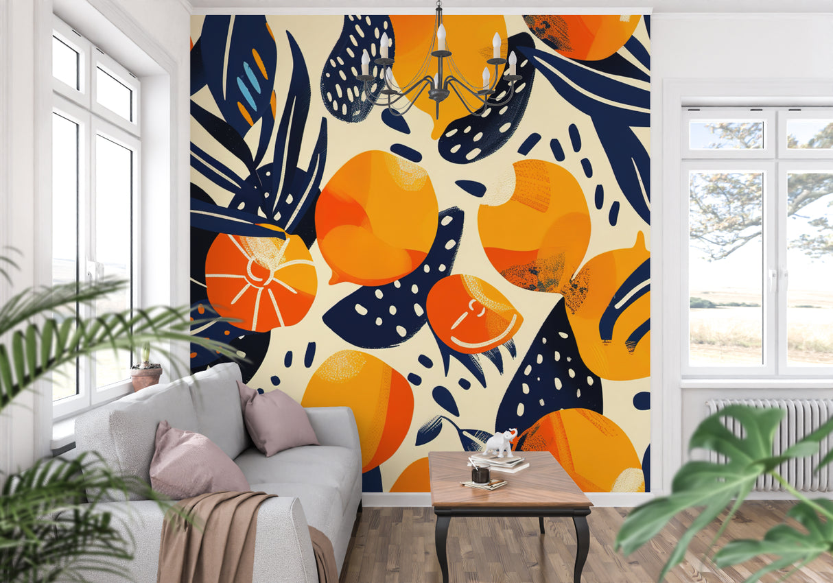 Citrus pattern wallpaper adding warm accents to a modern home office space