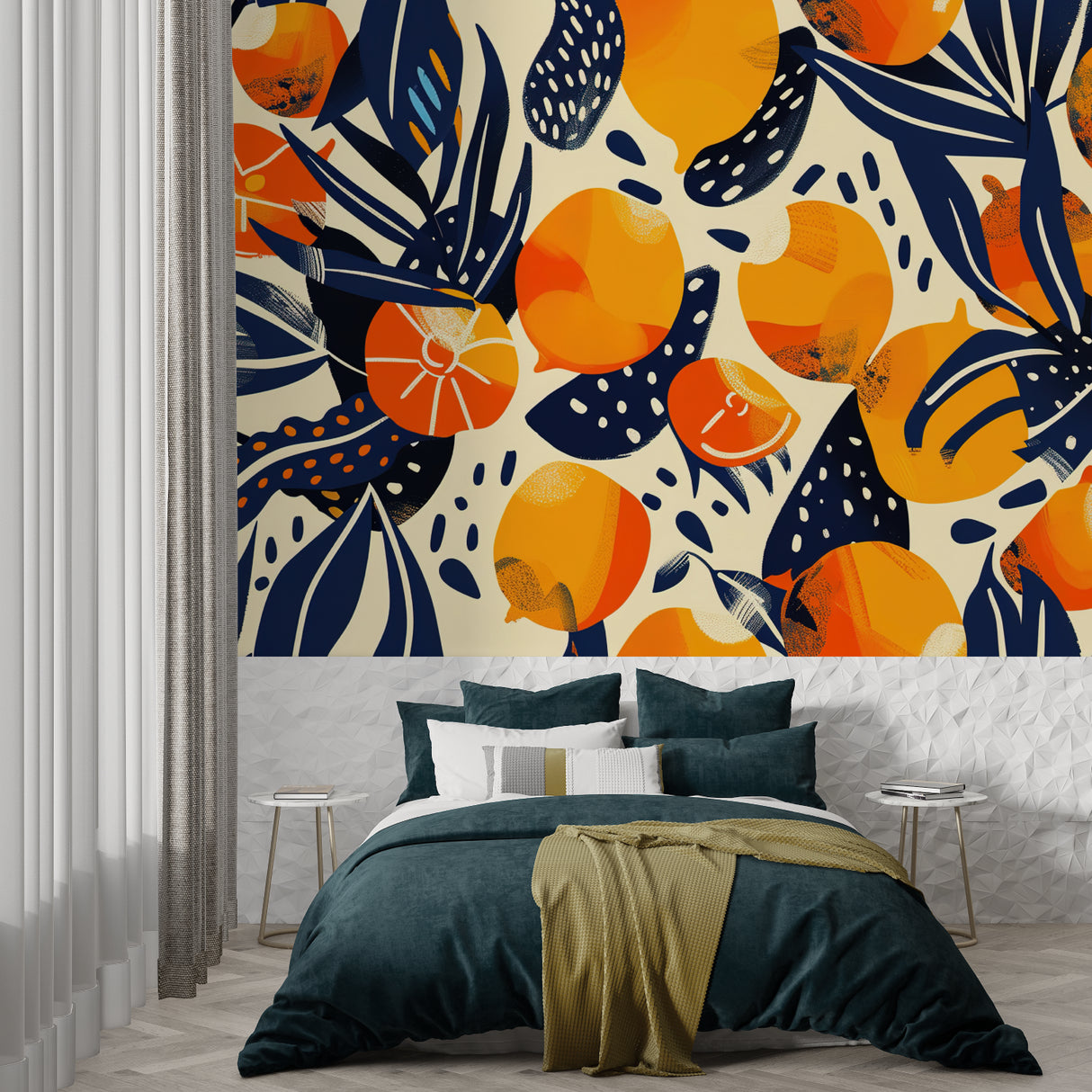 Navy and orange citrus mural bringing Mediterranean charm to living room wall