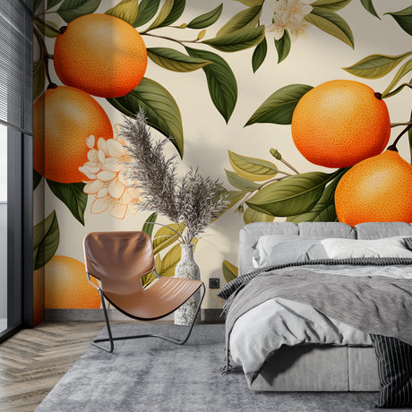 Citrus orange blossom wallpaper brightening a modern kitchen with natural Mediterranean charm
