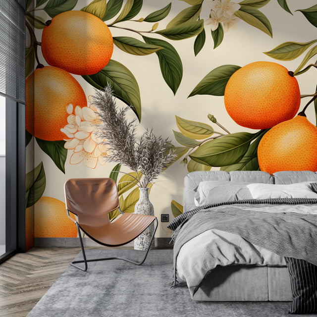 Citrus orange blossom wallpaper brightening a modern kitchen with natural Mediterranean charm