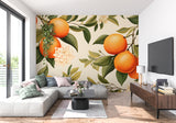 Tropical orange wallpaper bringing summer vibes to a bedroom accent wall