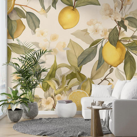 Vintage Botanical Lemon Wallpaper in bright modern kitchen, creating a fresh Mediterranean atmosphere with golden fruits and sage leaves