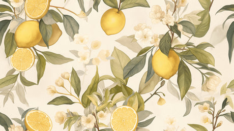 Botanical Lemon Wallpaper design file showing detailed vintage citrus pattern with watercolor fruits and blossoms
