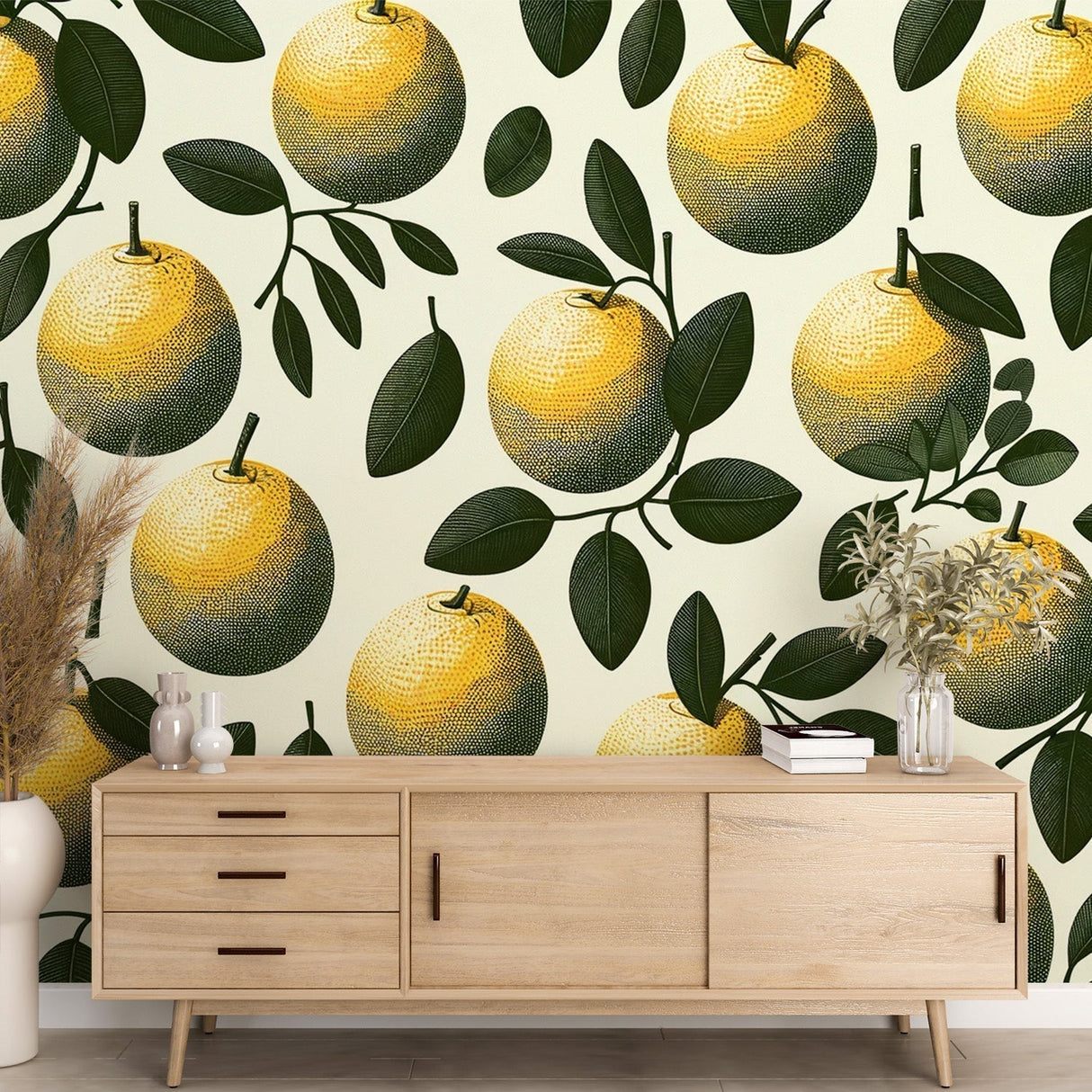 Bright kitchen with Vintage Botanical Orange Wallpaper creating a fresh Mediterranean breakfast nook