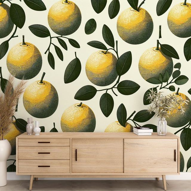 Bright kitchen with Vintage Botanical Orange Wallpaper creating a fresh Mediterranean breakfast nook