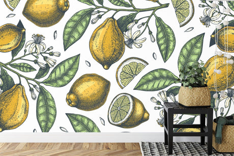 Lemon wall mural brightening a modern white kitchen with marble countertops