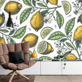Botanical lemon pattern adding fresh style to a dining room accent wall