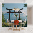 Yellow sports car wallpaper styled in modern teen bedroom showing urban sunset scene