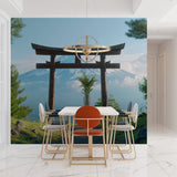Yellow sports car wallpaper styled in modern teen bedroom showing urban sunset scene