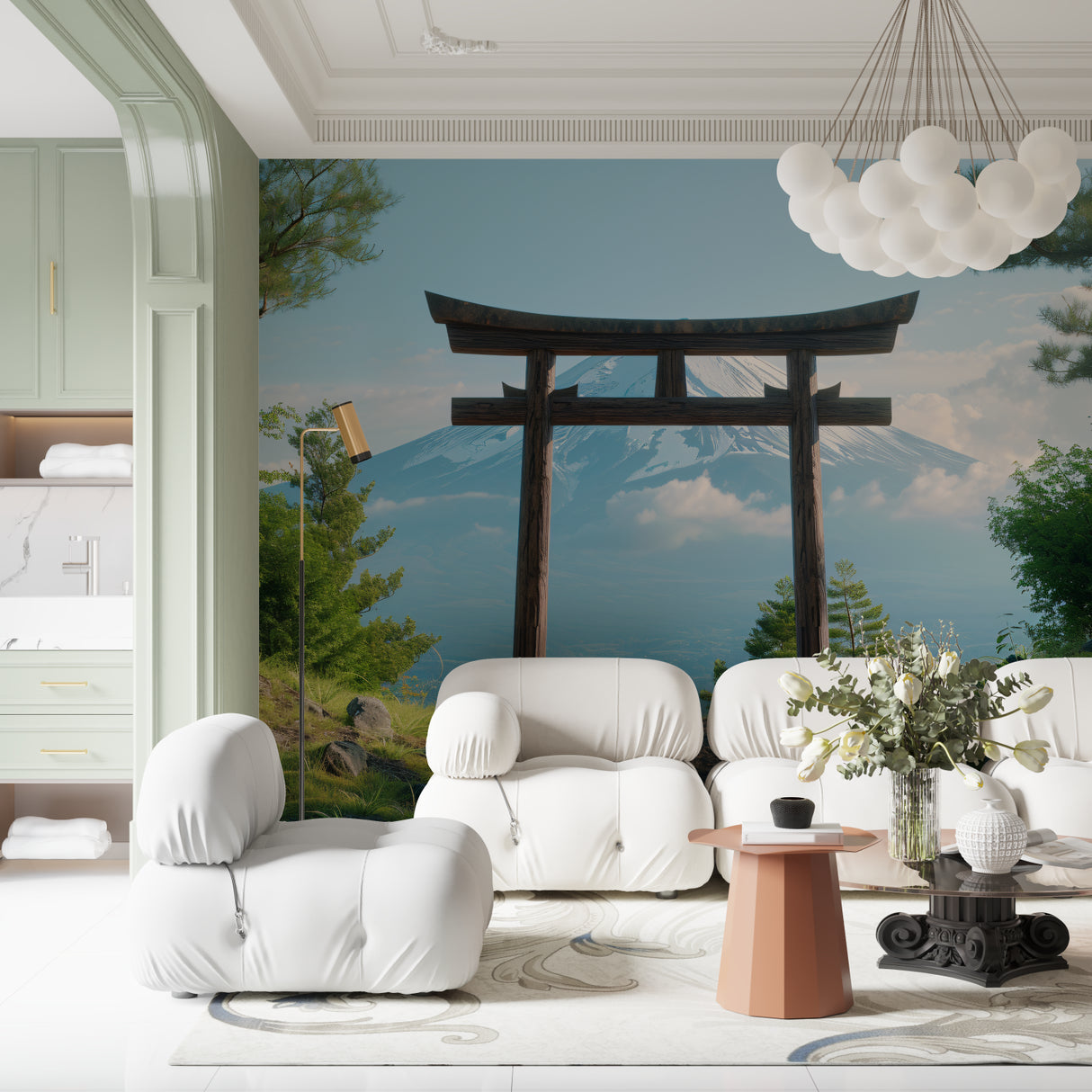 Sports car mural installation in modern gaming room with city views