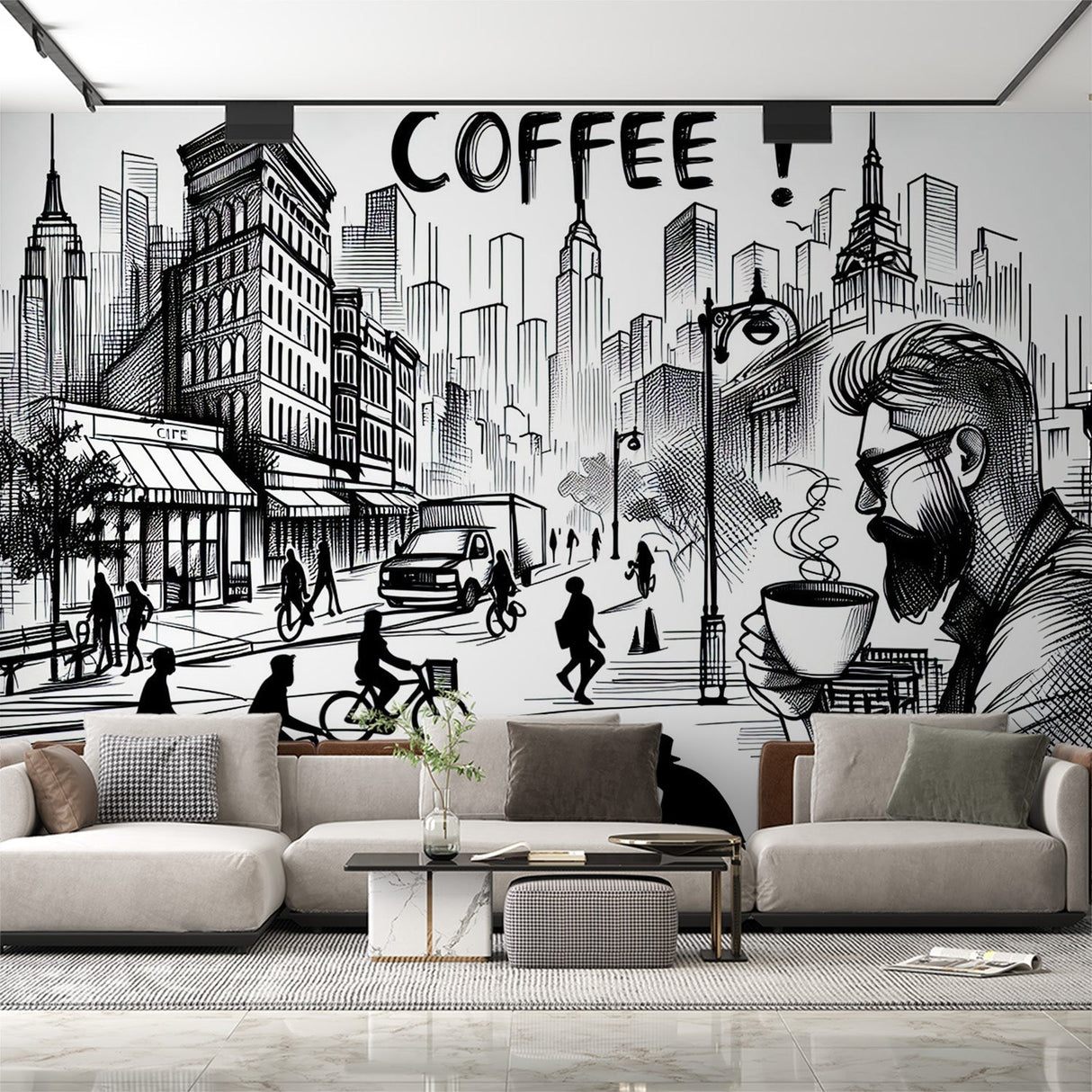 Modern comic city wallpaper in a bright coffee shop setting, creating an artistic urban atmosphere