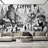 Modern comic city wallpaper in a bright coffee shop setting, creating an artistic urban atmosphere