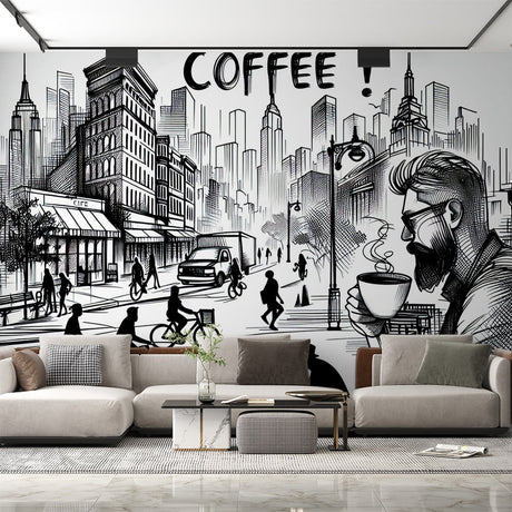 Modern comic city wallpaper in a bright coffee shop setting, creating an artistic urban atmosphere