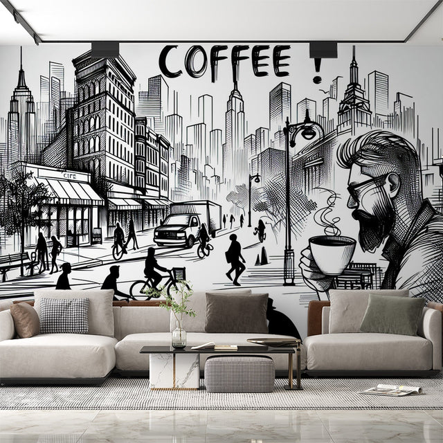 Modern comic city wallpaper in a bright coffee shop setting, creating an artistic urban atmosphere