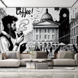 London cafe wall mural styled in modern dining room showing black and white urban sketch design creating depth