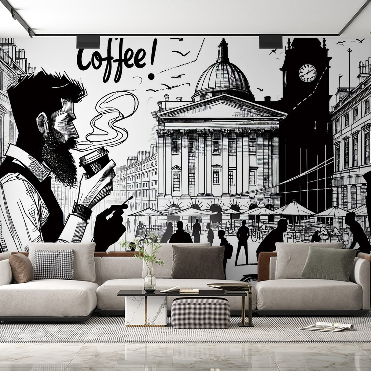 London cafe wall mural styled in modern dining room showing black and white urban sketch design creating depth