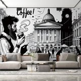 London cafe wall mural styled in modern dining room showing black and white urban sketch design creating depth