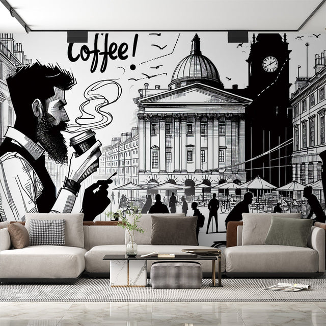 London cafe wall mural styled in modern dining room showing black and white urban sketch design creating depth
